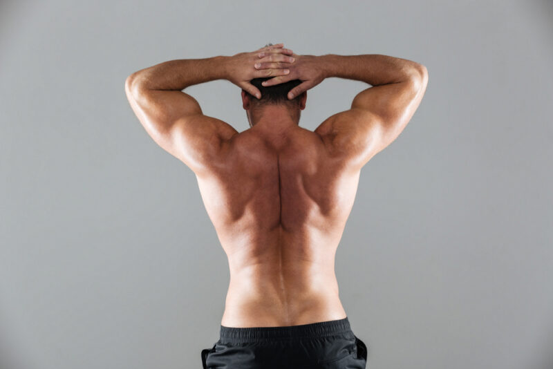 Back,View,Portrait,Of,A,Muscular,Shirtless,Male,Bodybuilder,Showing