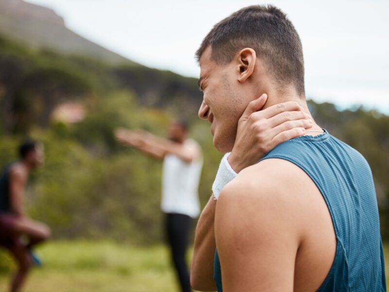 Fitness,,Nature,Or,Athlete,With,Neck,Pain,In,Exercise,,Body